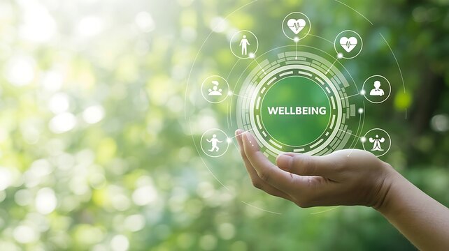 A hand holding a glowing green wellbeing icon surrounded by wellness symbols in a serene natural setting