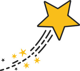 A vibrant yellow shooting star icon with a dashed trail and small sparkling accents. This minimalist vector represents speed, success, magic, and reaching for your goals.