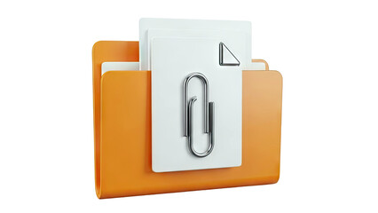 3D Icon of Orange Folder with Paper and Paperclip