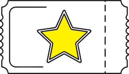 A minimalist line-art vector of a ticket stub featuring a bright yellow star in the center. This design represents exclusive access, VIP rewards, raffle prizes, or special event admission.