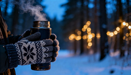 Hands in knitted gloves holding a steaming thermos outdoors in a snowy forest with festive string lights in the background