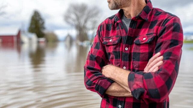 A man in a red and black plaid shirt stands with his arms crossed in flooded fields with buildings in the background.