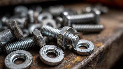A close up of metal hex bolts and washers on a rusty surface