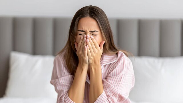 A young woman in pink pajamas yawns and stretches on a bed, looking tired and sleepy, with a cozy bedroom background.