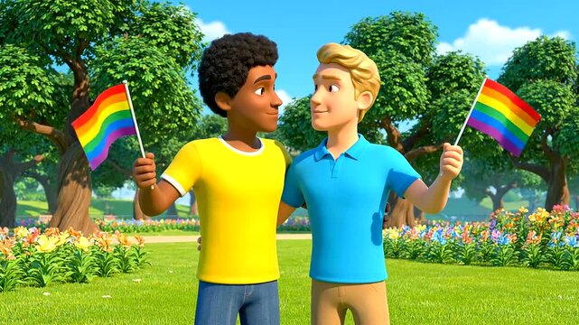 Diverse cartoon gay couple celebrates Pride Month with rainbow flags in a joyful park setting, symbolizing love, equality, and LGBTQ+ rights.