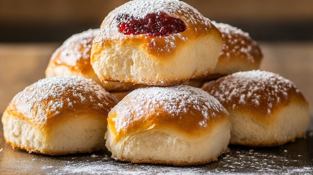 A cluster of Czech buchty buns with jam and powdered sugar