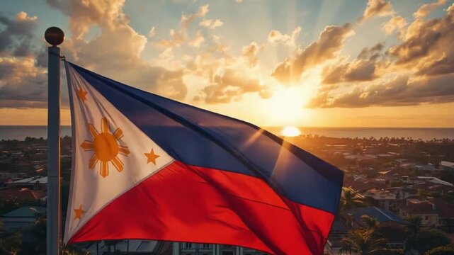 Philippine Flag with Golden Sky Highlighting Independence Day
