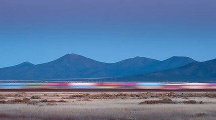 A colorful light trail from a freight train at dusk