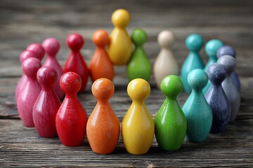 A colorful group of miniature bowling pins on a wooden surface