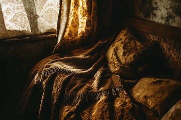 A cozy blanket bathed in warm golden sunlight