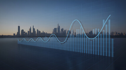 City skyline at sunset with graph and chart in foreground