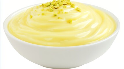 A creamy bowl of Indian rasmalai with pistachio garnish