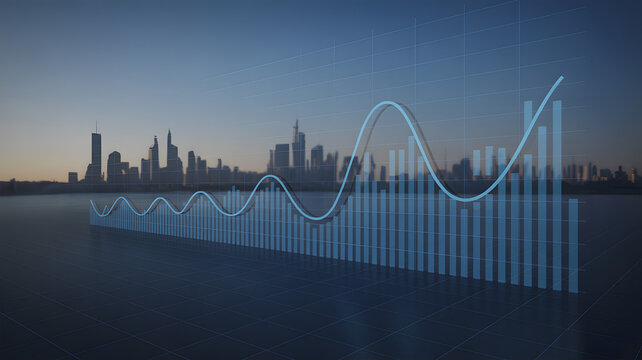 City skyline at sunset with graph and chart in foreground - Powered by Adobe