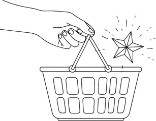 A minimalist line drawing showing a hand holding a shopping basket with a sparkling, faceted star floating above it. Represents high-quality finds, rewards, or premium retail experiences.
