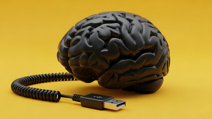 Black Brain with USB Cable on Yellow Background - Concept of AI Tech Learning.