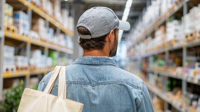 Man wearing a denim jacket and a baseball cap walks down a store aisle, carrying a reusable tote bag.