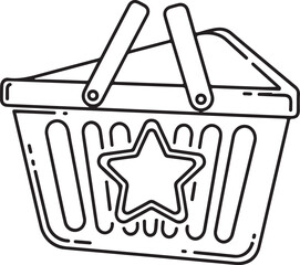 A detailed black and white line art vector of a slotted shopping basket. It features two upright handles and a prominent star emblem on the front, symbolizing premium retail or loyalty rewards.