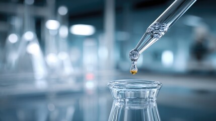 Glass lab dropper dispensing liquid into a flask. Chemical or medical laboratory setting