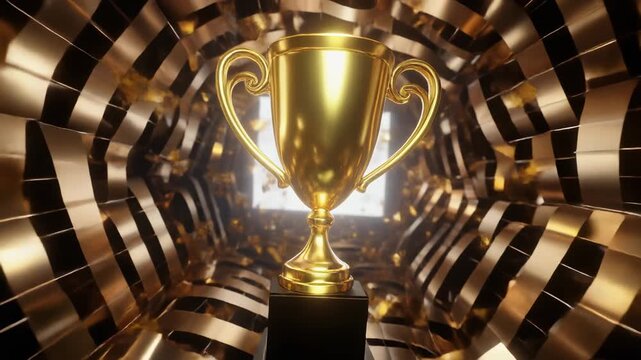 Golden Trophy on a Black Pedestal in a Shiny Tunnel.