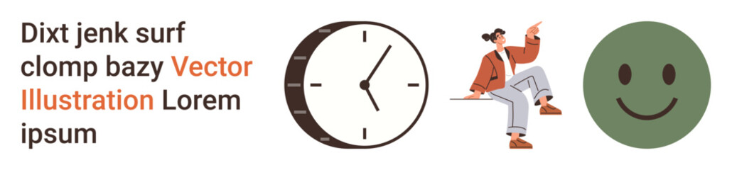 Fototapeta premium Time management, emotions, creativity, productivity, focus, lifestyle balance. A clock, a seated person and a green happy face. Time management and emotions visually