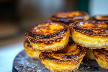 A delicious stack of caramelized Portuguese custard tarts