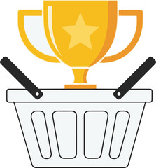 A colorful vector illustration of a gold trophy with a star sitting inside a white shopping basket. It represents retail achievement, winning shopping deals, and customer loyalty rewards.
