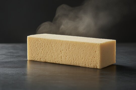 Rectangular block of hot steaming Brazilian cuscuz on a dark surface
