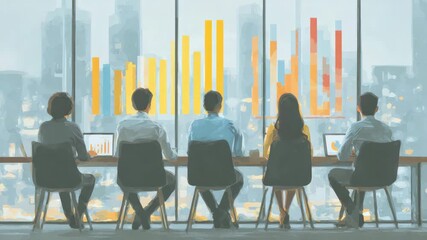 Business team meeting in a modern office with city skyline and data visualization on screens during a sunny day - Powered by Adobe