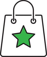 A minimalist line art vector of a shopping bag with a prominent green star icon. It symbolizes a highly-rated store, favorite products, retail rewards, and premium customer satisfaction.