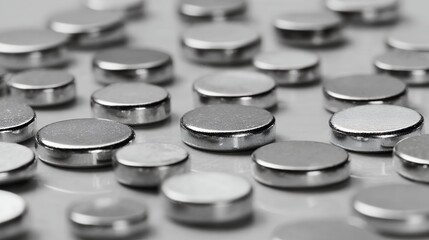 A flat lay collection of shiny button cell batteries