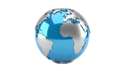 Metallic Globe with Blue Oceans and Silver Continents