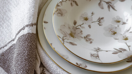 Elegant floral bone china plates featuring delicate patterns and gold rim detail, stacked on a soft fabric backdrop