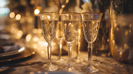 Crystal champagne flutes filled with sparkling wine, reflecting warm candlelight on a festive table at a celebratory event