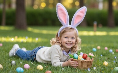 Happy child in bunny ears, smiling while holding Easter basket on grassy field.