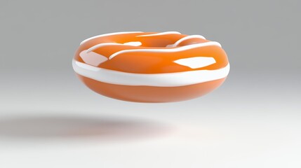 A glossy orange and white glazed donut floating in the air