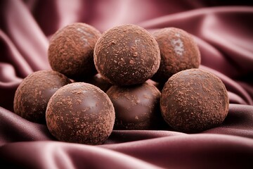 A gourmet cluster of french dark chocolate truffles on pink fabric