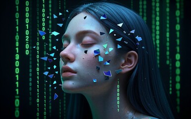 Digital woman with shattered face, binary code background, futuristic cyberpunk aesthetic.