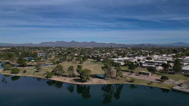 chaparral park scottsdale arizona aerial view palm trees lake (phenix az southwest travel mountains view background) south mountain southwest travel reflection pond water beauty nature hike urban walk