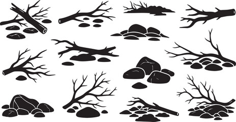 Obraz premium Black silhouettes of rocks and bare tree branches isolated