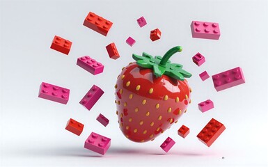 Fototapeta premium Lego strawberry with red and pink bricks floating around, vibrant and playful.