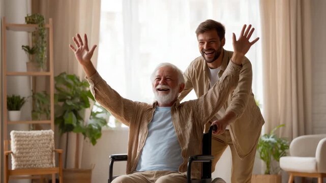 Happy Elderly Man in Wheelchair with Caregiver at Home