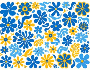 Obraz premium A vibrant, whimsical illustration featuring a collection of stylized flowers in shades of blue and yellow against a white backdrop