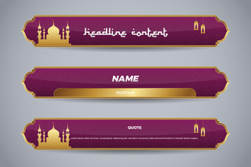 Fototapeta premium Islami Lower Third Banner Set with Mosque Silhouettes Ornate Gold Trim on Purple 