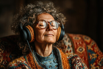 An elderly woman with gray curly hair sits in a cozy interior, listening to music on large headphones with her eyes closed. 
