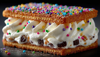 A vibrant ice cream sandwich-style dessert: two golden slices of sweet sponge cake or toast with a crisp crust, sandwiched between them by a generous layer of airy buttercream or ice cream 