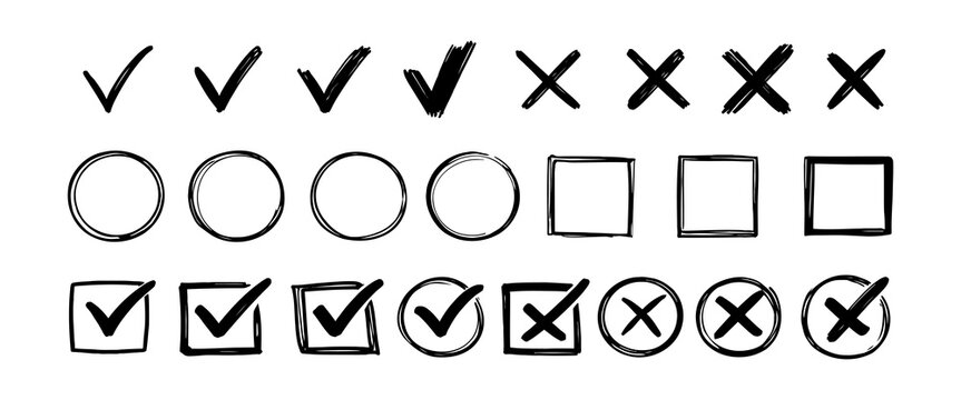 Doodle check marks. Hand drawn checkbox, examination mark and checklist marks. Check signs sketch, voting agree checklist mark or examination task list. sign Isolated vector illustration symbols set