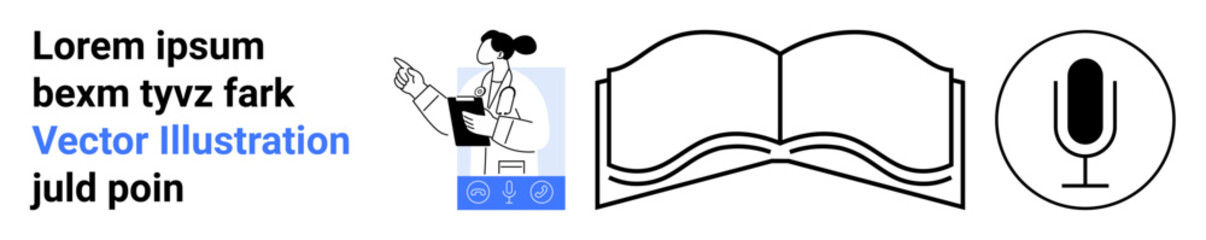 Naklejka premium Learning, teaching, communication, education tools, digital content, public speaking. Person explaining concepts, open book microphone icon. Learning and teaching concept with symbols of