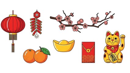 Collection of Traditional Chinese New Year Symbols for Festive Celebrations and Good Fortune