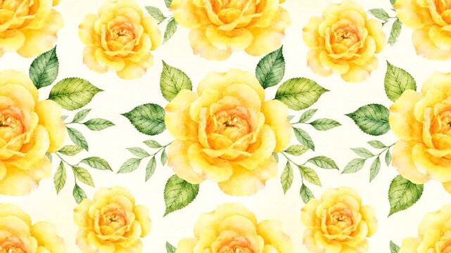 Watercolor pattern of vibrant yellow roses and green leaves on a soft cream background