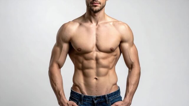 Muscular man with strong abs and defined physique on white background